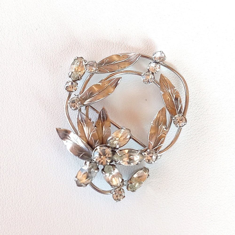 Vintage Spiffardi 1/20 12K Gold Filled Clear Rhinestone Floral Brooch